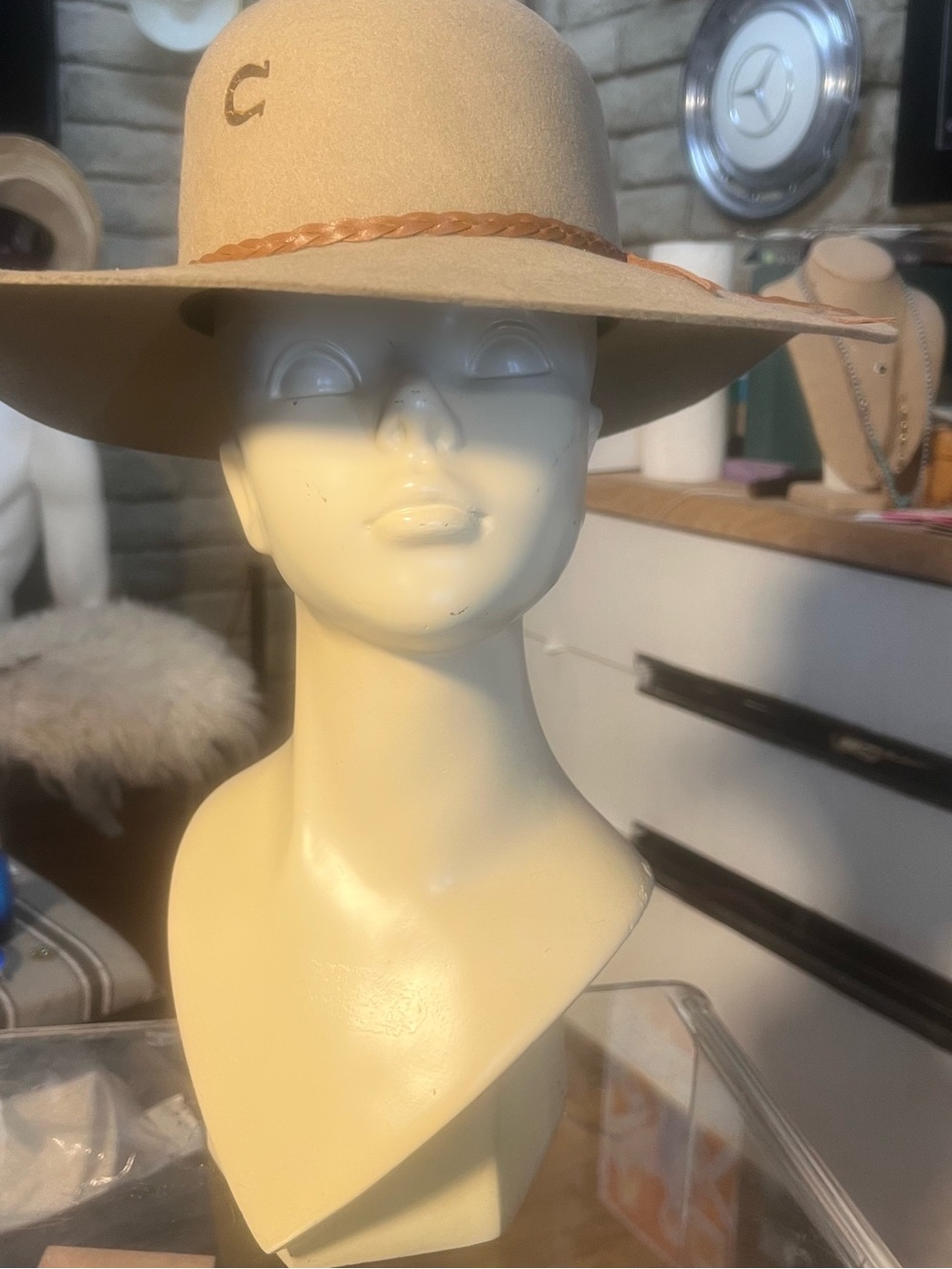 Womens Wide-Brim Beige Felt Hat with Braided Band